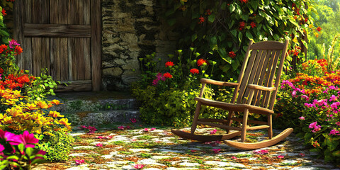 Wall Mural - Nostalgic Harmony: An empty rocking chair placed outside an old country house, surrounded by lush gardens and blooming flowers