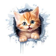 cute kitten picking out of hole in the wall watercolor illustration