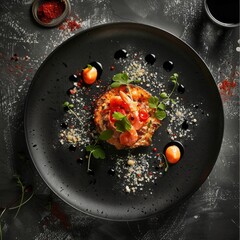 Sticker - Elegant gourmet dish in a minimalist black setting. The food arrangement is artistic and visually appealing. Perfect for modern culinary presentations and high-end restaurant menus. AI