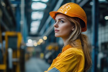 Fototapete - Female engineer wearing hard hat and high visibility vest looking up in a factory