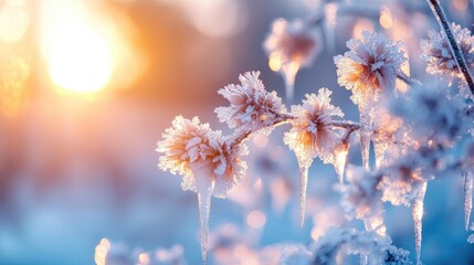Poster - Winter landscape with plants covered in frost at sunrise