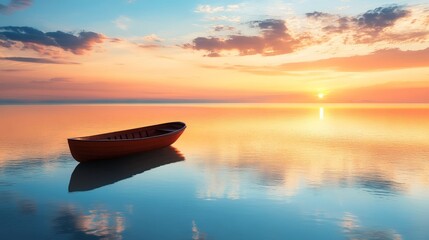 Canvas Print - Serene boat floating on calm water at colorful sunset