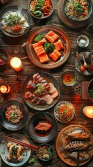 Poster - A beautifully arranged Japanese dinner with sushi, sashimi, and various dishes. This top view captures the essence of Japanese cuisine. Ideal for food blogs, culinary articles, and recipe websites. AI