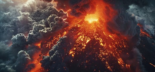 Wall Mural - Huge eruption of an active volcano with gigantic explosion, ashes cloud and smoke, magma and lava flow, high angle view from the sky