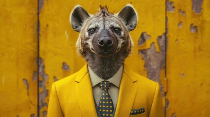 Canvas Print - Hyena dressed in a modern yellow suit with a polka dot tie. Fashion portrait of an anthropomorphic animal, shooted in a charismatic human attitude