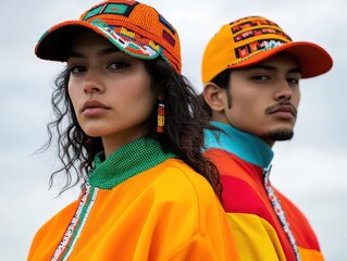 Fashionable Young Adults in Vibrant Streetwear with Beaded Accessories Against a Cloudy Sky