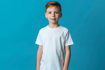 Male child, boy wearing bella canvas white shirt mockup, at blue background. Design tshirt template, print presentation mock-up.