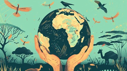 Poster - illustration of hands holding planet earth showing African continent with wild birds, mammals and acacia tree