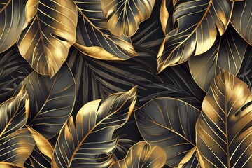 Beautiful tropical leaf wallpaper featuring golden banana leaf line arts and hand-drawn outlines, creating a luxurious nature pattern