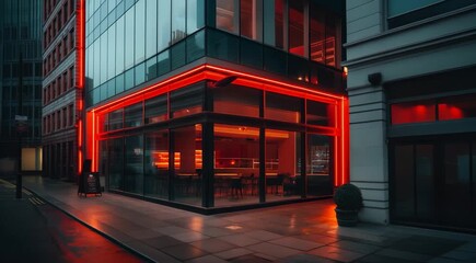 Poster - Modern urban restaurant with large glass windows and red neon lighting on a city street corner with wet pavement.