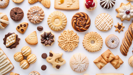 Wall Mural - A variety of cookies and pastries are arranged in an overhead shot, showcasing the diversity and appeal of these treats among customers.