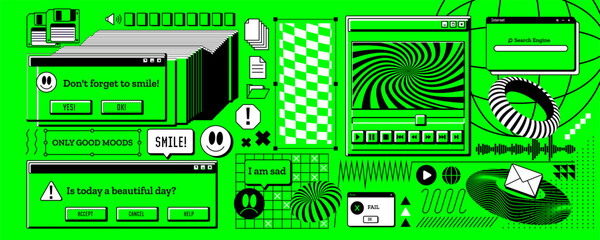 Y2k retro window. Computer interface sticker. Browser message. Error frame. Graphic old game. Interface web design. 90s folder. Vintage PC screen. 2000s rave elements set. Vector aesthetic background