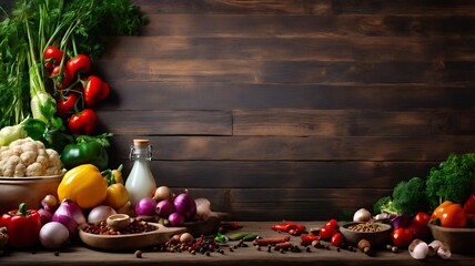 Autumn organic vegetables and herbs on wooden background, top view, copy space. Seasonal autumn cooking and organic healthy eating concept.