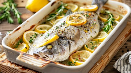 Wall Mural - Delicious Oven Baked Sea Bass with Zesty Lemon and Fresh Herbs on a White Plate