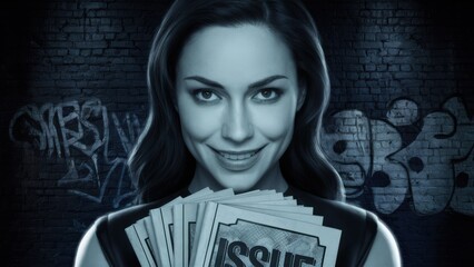 Canvas Print - A woman holding a stack of magazines with the word issue on them, AI