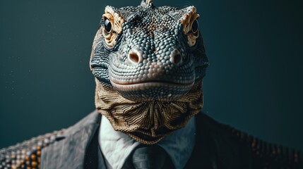 Poster - Komodo dragon dressed in an elegant suit with a nice tie. Fashion portrait of an anthropomorphic animal, reptile, iguana, shooted in a charismatic human attitude