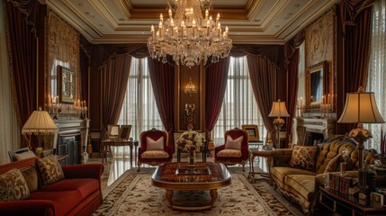 Poster - Imagine a luxurious living room with a grand chandelier, elegant furnishings, and rich, opulent colors.