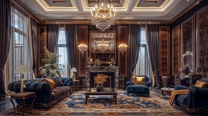 Poster - Imagine a luxurious living room with a grand chandelier, elegant furnishings, and rich, opulent colors.