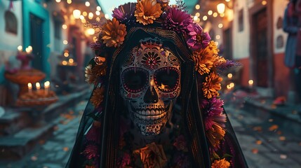 Poster - La Santa Muerte. Mexican Skull adorned with flowers. Calavera Grim Reaper - Altar with Floral sugar skull grim reaper in Mexican City Street