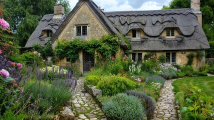 Poster - Imagine a picturesque country house in the British countryside with thatched roofs, stone walls, and a front garden filled with roses and lavender.