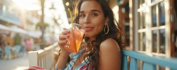 Wall Mural - Woman sipping colorful cocktail, tropical vibes. Free copy space for text.