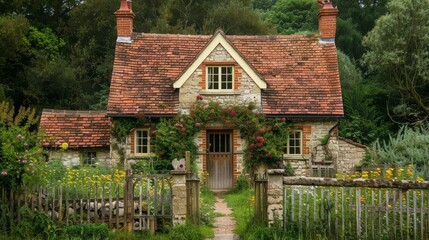 Wall Mural - Imagine a traditional farmhouse in the British countryside with stone walls, a red-tiled roof, and a rustic front porch.