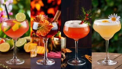 Wall Mural - A series of four different types of drinks are shown in glasses, AI