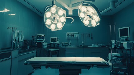 Canvas Print - A sterile operating room is prepped for surgery, the bright surgical lights illuminating the empty operating table.