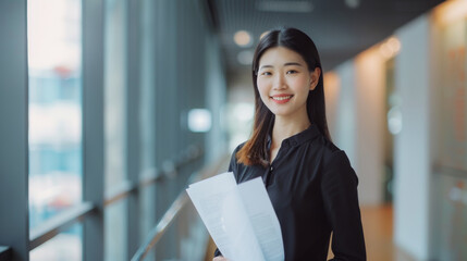 Sticker - A young professional, holding documents, stands confidently in a modern office corridor with a bright, welcoming smile.