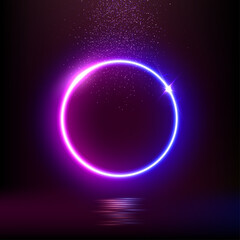 Poster - Glowing neon blue pink circle isolated on dark background. Round electric purple blue light frame with falling glitter confetti. Empty bright led cosmic ring. Magic futuristic vector illustration.