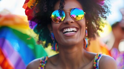 Canvas Print - Laughing happy Beautiful attractive sexy young woman having fun at a pride festival