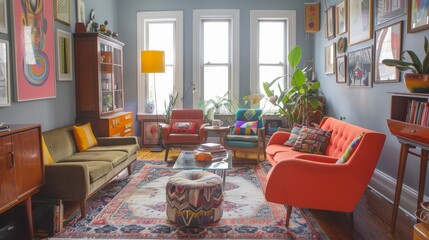 Sticker - Imagine a vibrant living room with eclectic decor, colorful artwork, and a mix of vintage and modern furniture.