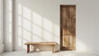 © VK Studio - A serene, minimalist room illuminated by soft sunlight, showcasing a rustic wooden bench and door against pristine white walls.