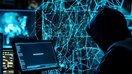 Wall Mural - A hooded figure sits in front of a computer screen, the screen displaying a glowing blue digital network.