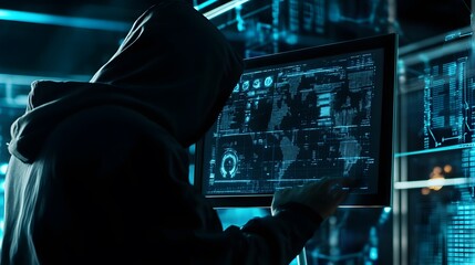 Poster - A hooded figure works on a computer in a dark room, the screen displaying a digital map.