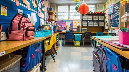 Poster - In the school room, every student has a designated space for their personal belongings and materials.