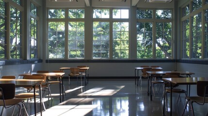 Sticker - Natural light floods the school room through large windows, creating a bright and welcoming atmosphere.