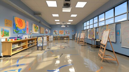 Poster - Picture a 3D art room with easels, paint supplies, and student artwork displayed on the walls.