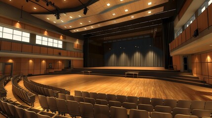 Sticker - Picture a 3D school auditorium with a stage, seating, and lighting fixtures.