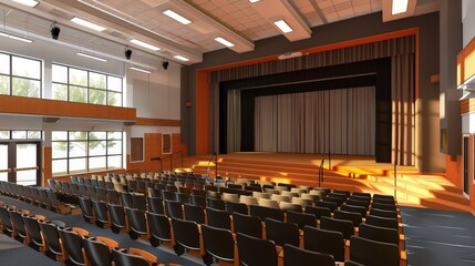 Wall Mural - Picture a 3D school auditorium with a stage, seating, and lighting fixtures.