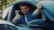 © Felippe Lopes - A young man sitting in the driver's seat of a car gives a thumbs-up, smiling broadly.