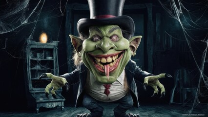 Wall Mural - A creepy looking green leprechaun monster with a top hat and long tongue, AI