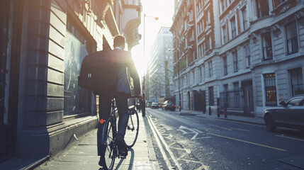 Canvas Print - A man walks his bicycle down a city street bathed in the soft glow of the morning sun, capturing the essence of urban commute.