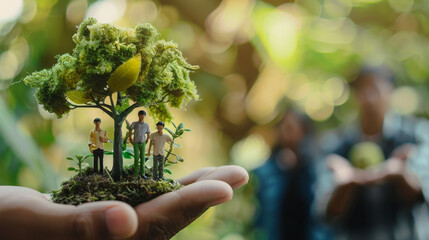 Hands cradle a miniature tree with small human figures, symbolizing conservation, care for nature, and the future of our environment.