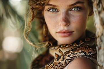 A beautiful woman with a snake around her neck.