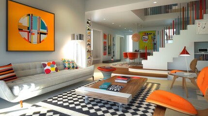 Canvas Print - Picture a contemporary living room with sleek furniture, bold colors, and geometric patterns.