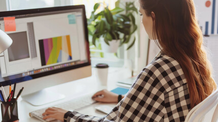 A woman at her computer screen engrossed in graphic design in a well-lit, organized creative workspace.