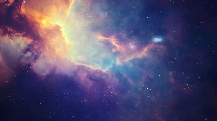 A cosmic nebula with vibrant colors and swirling clouds, illuminated by a celestial glow.