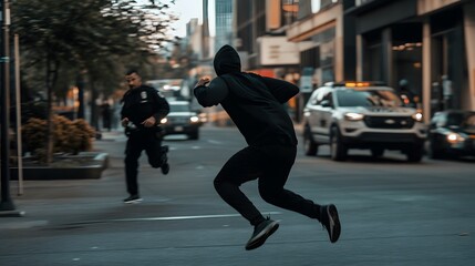 A man in a black hoodie runs away from a police officer, who is chasing him down a city street.