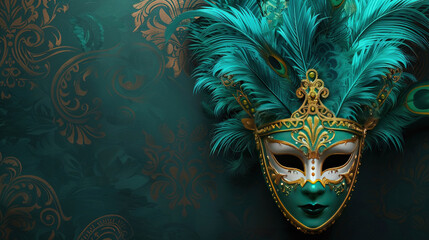 Mardi Gras carnival mask with green, purple and gold colors. Mardi Gras carnival background with a decorative mask. Mardi Gras carnival mask with colorful feathers on dark background. Copy space area 